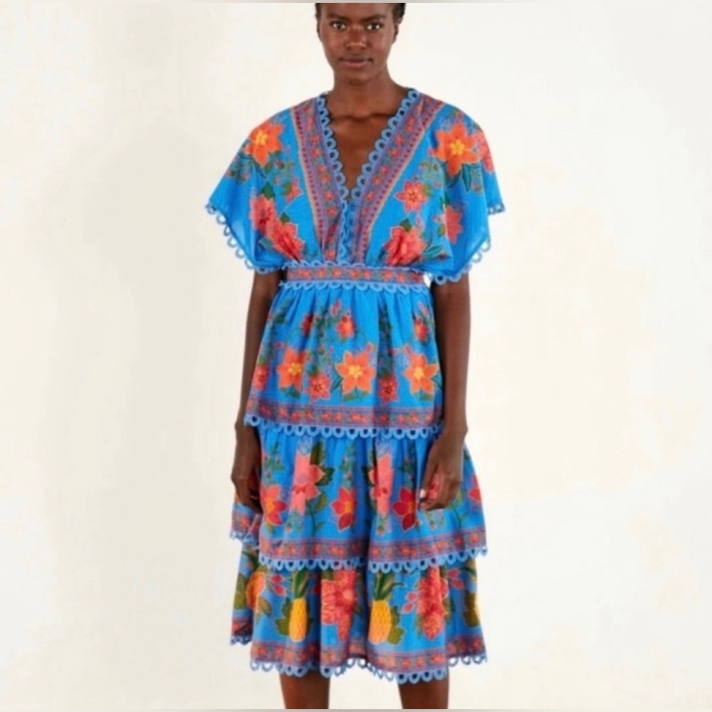 FARM Rio BLUE TROPICAL TAPESTRY LAYERED DRESS - Large - only worn twice!